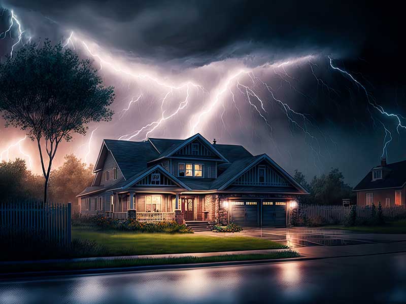Home during a thunder storm, a jolt of lighten is shooting down behind the house from the dark clouds above